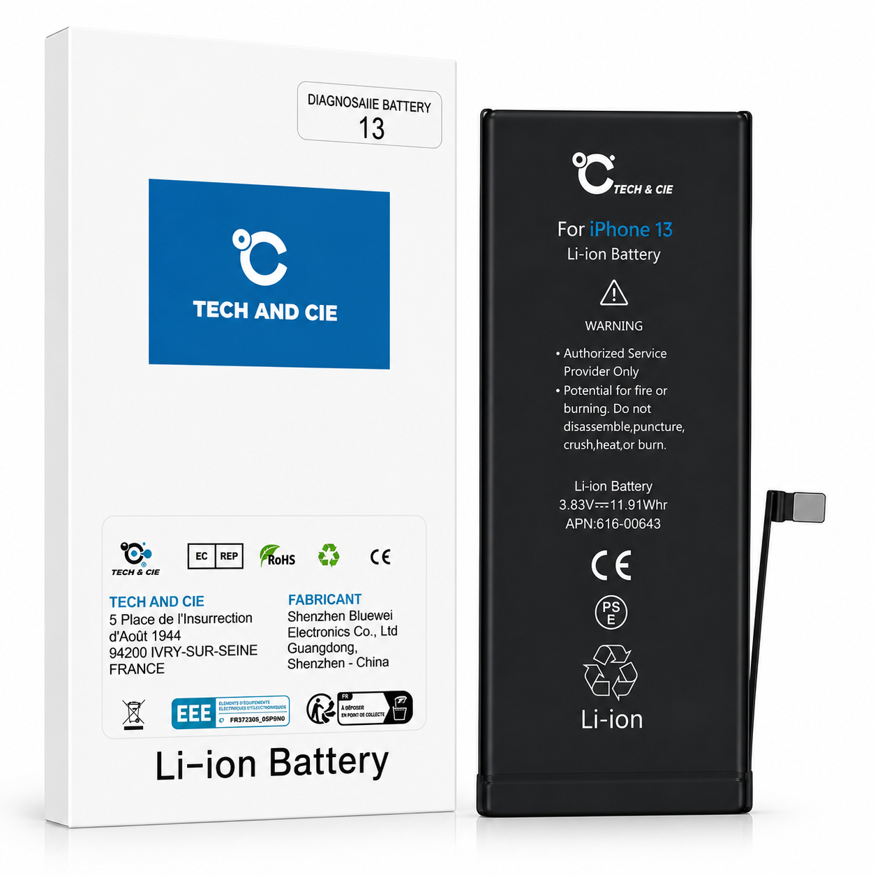 Batterie de Remplacement Diagnostiquable Premium pour iPhone 13 – 3227 mAh avec Adhésifs de Fixation 2 batterie 13 techandcie